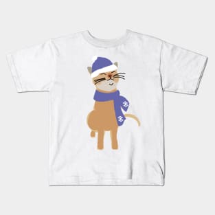 Winter Kitty Cat Wearing Blue Hat and Scarf Kids T-Shirt